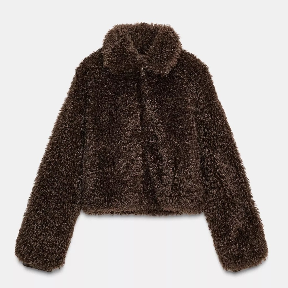 ZARA SHORT LONG FLEECE COAT JACKET MEDIUM BROWN FAUX FUR TEDDY SHERPA 8372/223